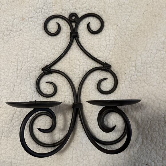 11” Vintage Gothic Dark Brown Scroll Wrought Iron Double Candle Wall Sconce - Picture 5 of 6